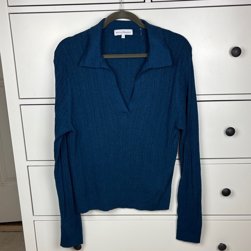 White + Warren Teal Ribbed V-Neck Sweater